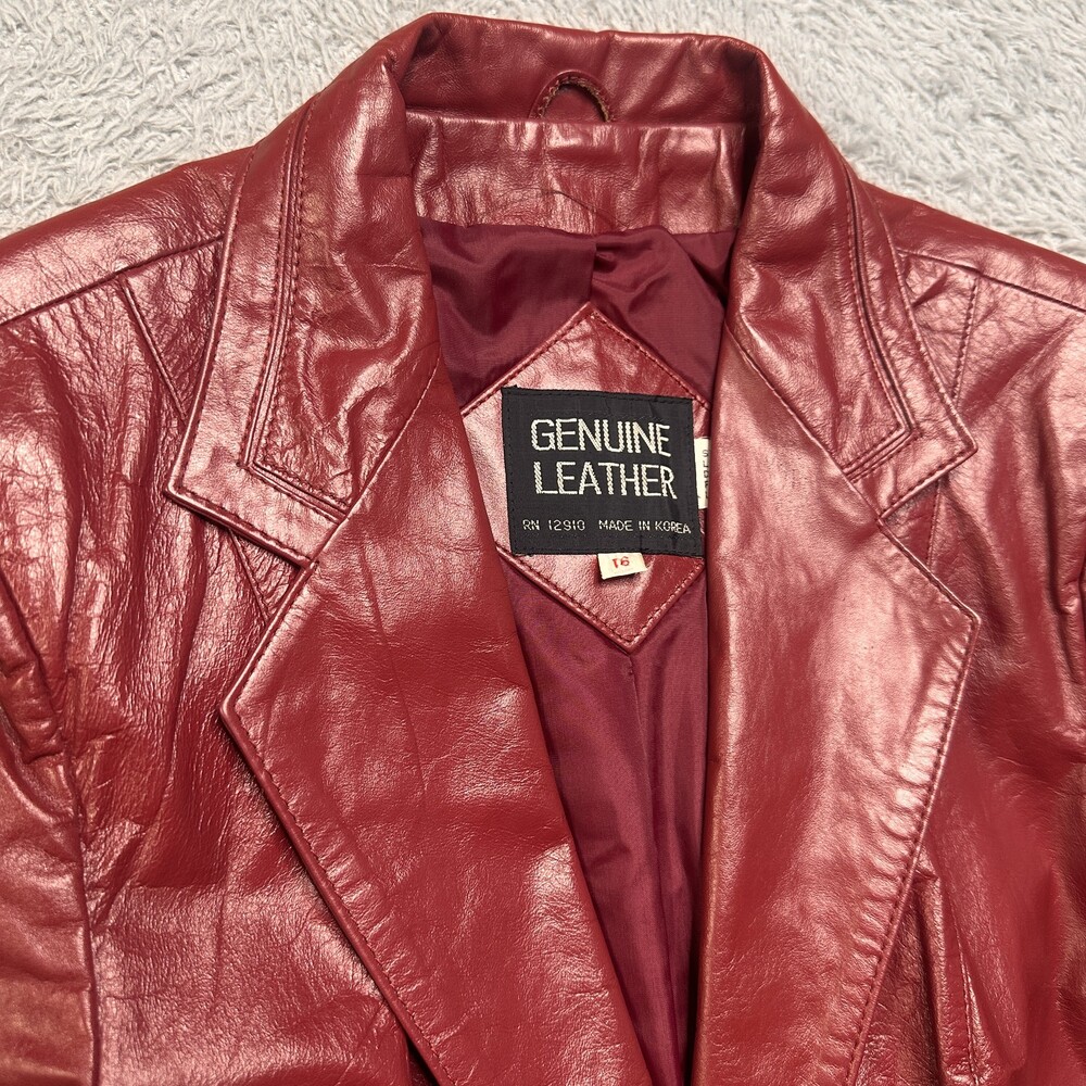 Vintage Genuine Leather Jacket Womens 16 Red Two-Button Notched Lapel